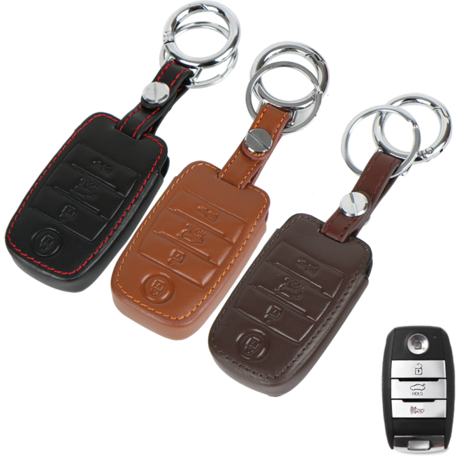 이너스 기아 신형 K3 더뉴K5 뉴쏘렌토R 호환 4버튼 스마트 키 천연 소가죽 케이스, 카멜