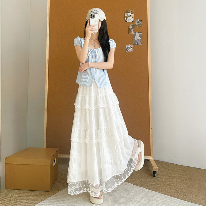 여성 레이스 a라인 롱치마 여름 패션 화이트 캉캉 스커트