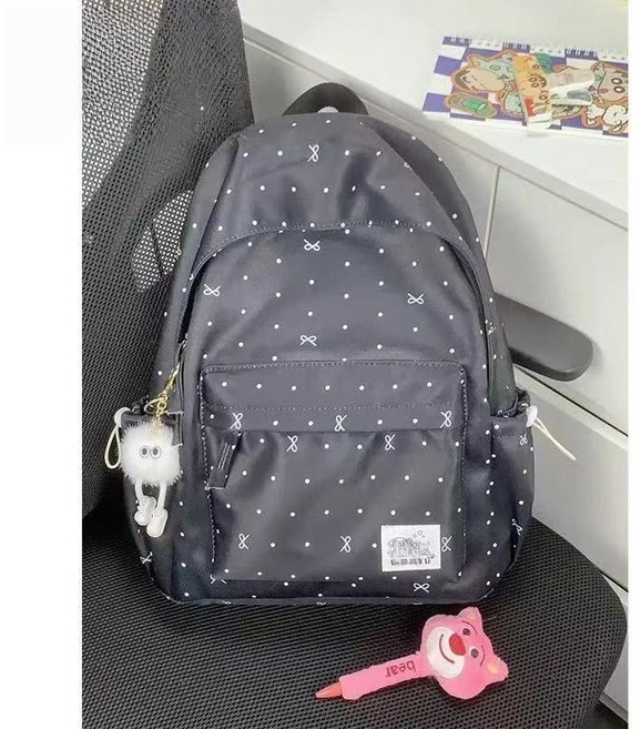 森系 小眾 清新 蝴蝶結 學生書包 雙肩包, 黑色-【小清新可愛印花蝴蝶結】,書包+小月亮繩+骨頭別針