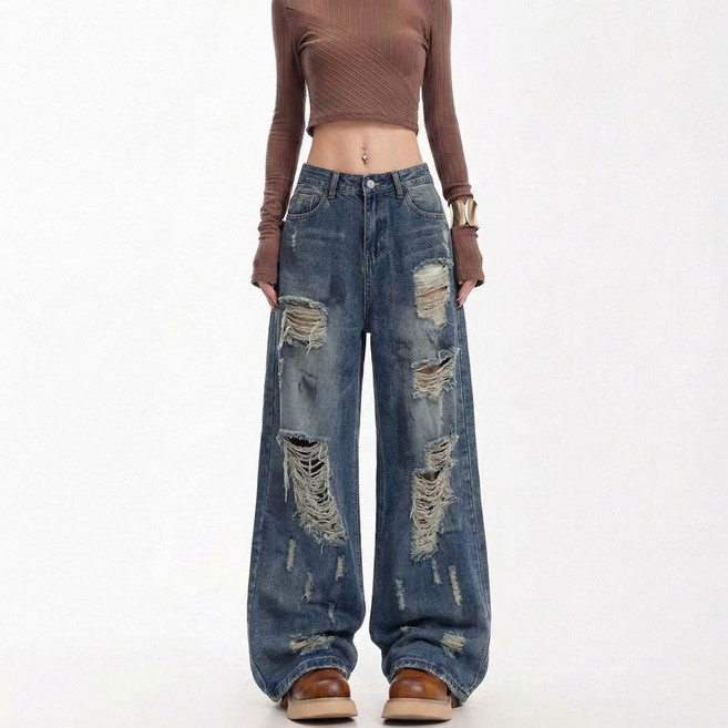 쁘띠꼬모 여성 청바지 와이드핏 디스트로이드 데님 팬츠 하이웨스트 바지 WKX40711