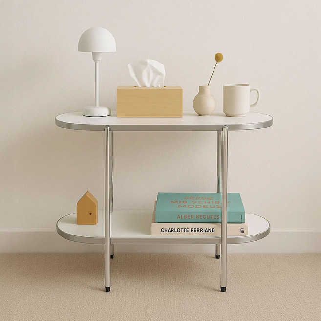 나인홈 프롬 모던 선반 라운드 크롬 수납 진열대 미니 협탁 사이드테이블 2단, 크롬화이트