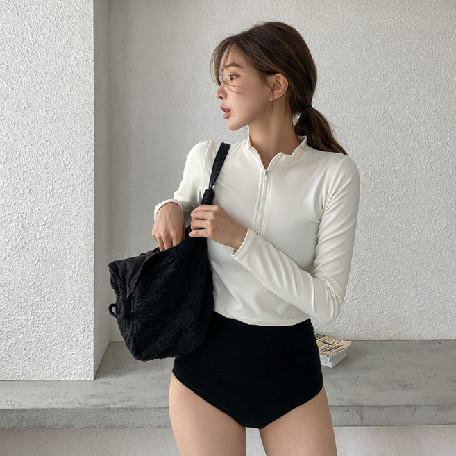 長袖分體運動泳裝 三件式高腰遮肚顯瘦泳衣女, XL(體重 52～58kg)