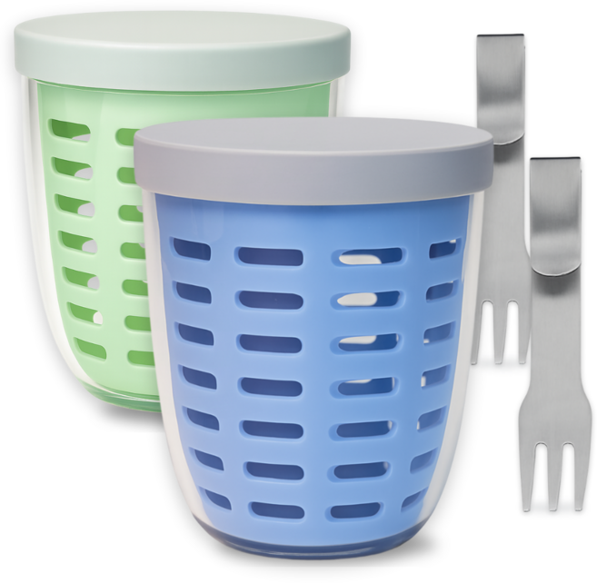 1+1 (모노스페이스) 후르츠팟 과일컵 스텐포크 도시락 런치팟 2개, (포그 블루 + 미스티 그린), 1세트