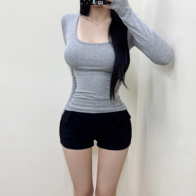 VANANA2 국내제작 스퀘어넥 슬림 긴팔티셔츠