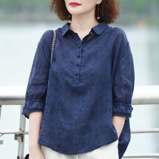 swygsqql 여름 린넨 셔츠 여성 중소매 얇은 카라넥 셔츠 블라우스 오버핏 셔츠