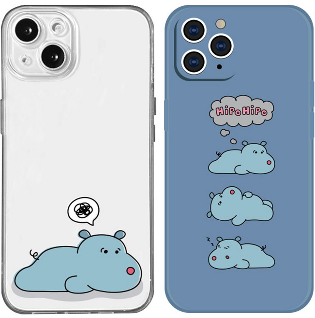 핫티몰 귀여운 블루 하마 동물 캐릭터 프린팅 투명 젤리 TPU 무지 커플 케이스