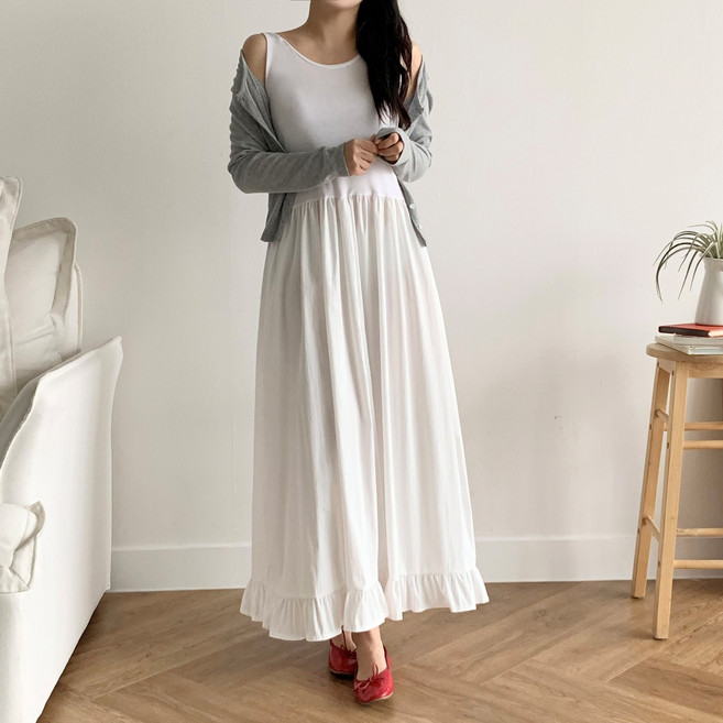 더한땀 A라인 프릴 레이어드 민소매 바스락 원피스 빅사이즈 데일리룩