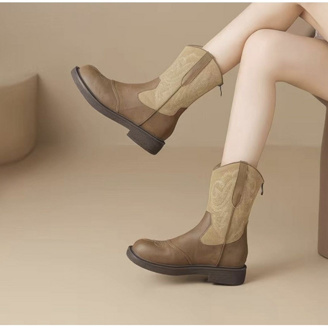 이냐시아 여성 웨스턴부츠 빈티지 미들굽 카우보이 스타일 부츠 굽높이 4cm