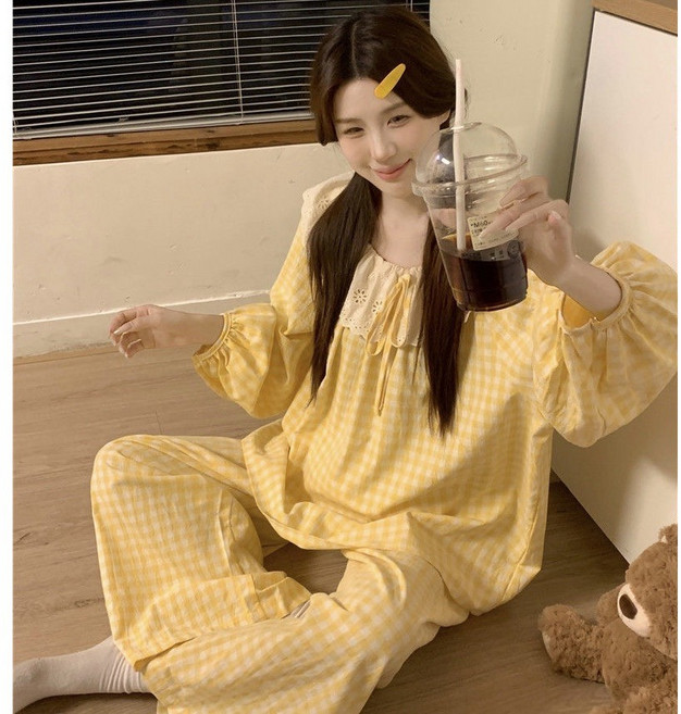 韓版甜美大翻領蕾絲花邊睡衣女春秋外穿家居服套裝