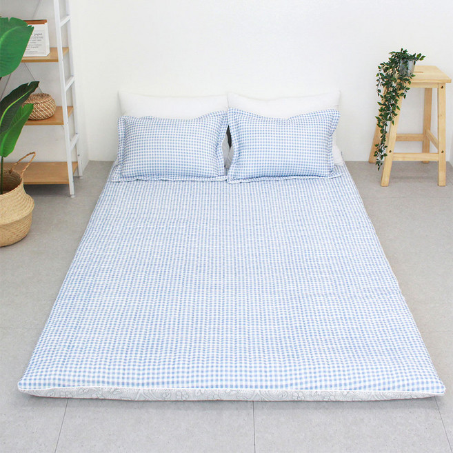아르떼베딩 미끄럼방지 요커버+요솜 시어서커 시원한 여름요매트 싱글/더블/퀸, 썸머체크_블루, 5cm