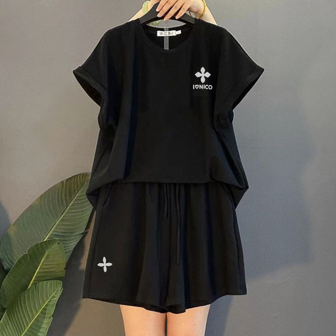 IWMAFT 여성 여름 면 반팔 티셔츠 반바지 세트 프린트 디자인 캐주얼 심플 홈웨어 KT643