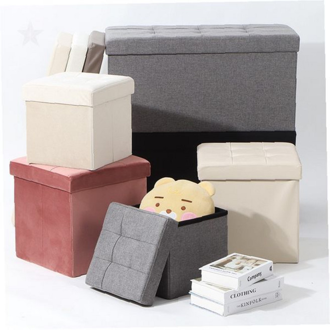 접이식 수납함 겸용 패브릭 쿠션 보조 좌석 발 받침대 화장대 앞 낮은 의자 공간, 스툴 벨벳 중 아이보리