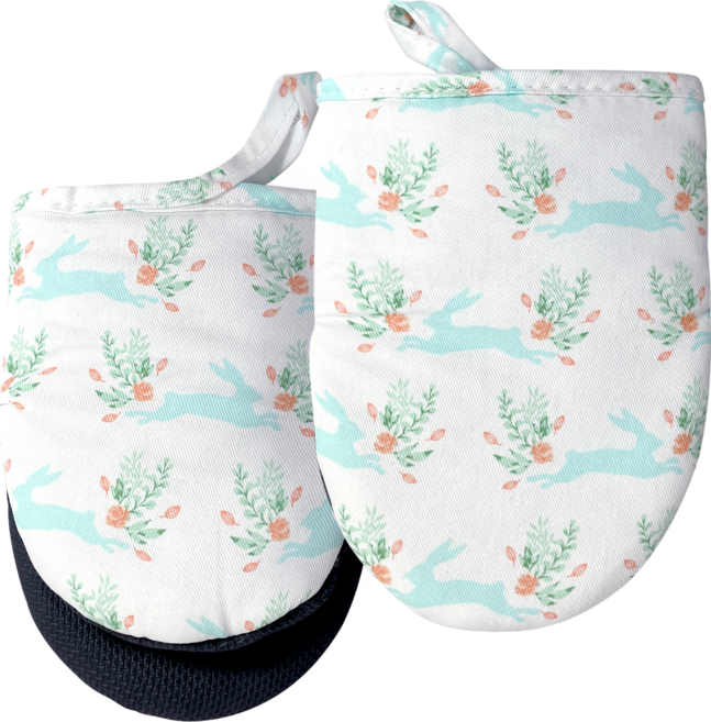 Junvena 미니 오븐 장갑 내열 260도 논슬립 실리콘 그립 나비&토끼 프린트 면 코튼 필링 세탁 가능 걸이 루프 포함 베이킹 요리 캠핑 바베큐, 2개, 토끼 패턴