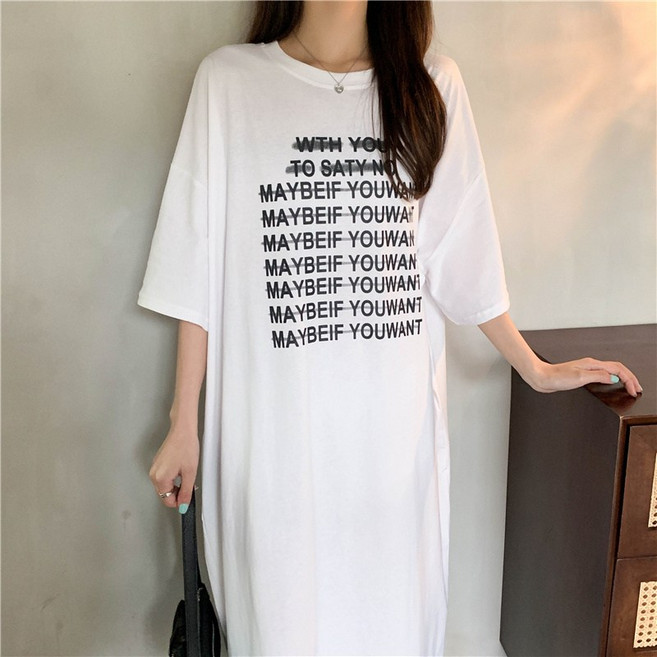 ANNE 滿版文字短袖長洋裝, 白, 白
