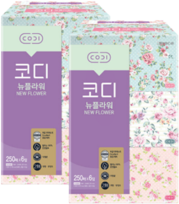 코디 뉴플라워 250매 x 6개 2팩 각티슈 데일리 티슈, 2세트
