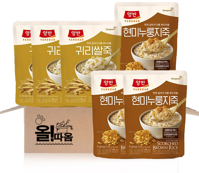 동원 양반 파우치죽 400g 2종 6입 기획세트(귀리쌀죽 3개+현미누룽지죽 3개), 1세트, 2.4kg