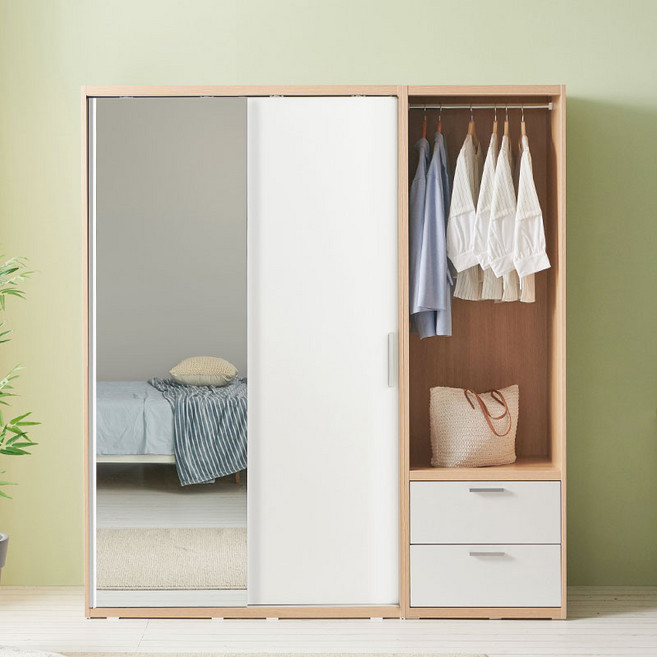라자가구 위드 빅 1800 슬라이딩 거울 옷장+서랍행거장 jy220 옷장세트, 메이플화이트