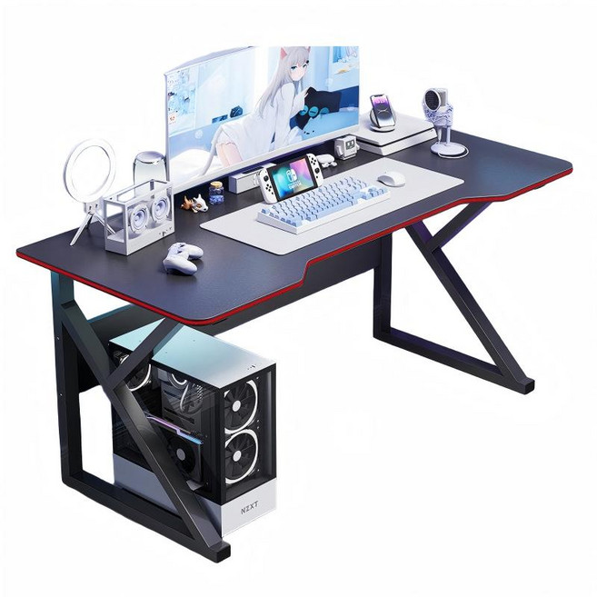 電競書桌 碳纖維紋 人體工學設計 K型穩固鋼架 簡約實用穿線孔, 黑