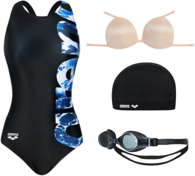 [국내매장판] 아레나 빅웨이브 원피스 레이서백 스판 수모 수경 브라컵 세트 / 여자 수영 모자 수영복 브라, 블랙