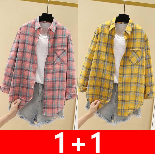 지고다그 1+1 여성 체크 셔츠 자켓 봄가을 면 루즈핏 외출 상의 셔츠 HH2437