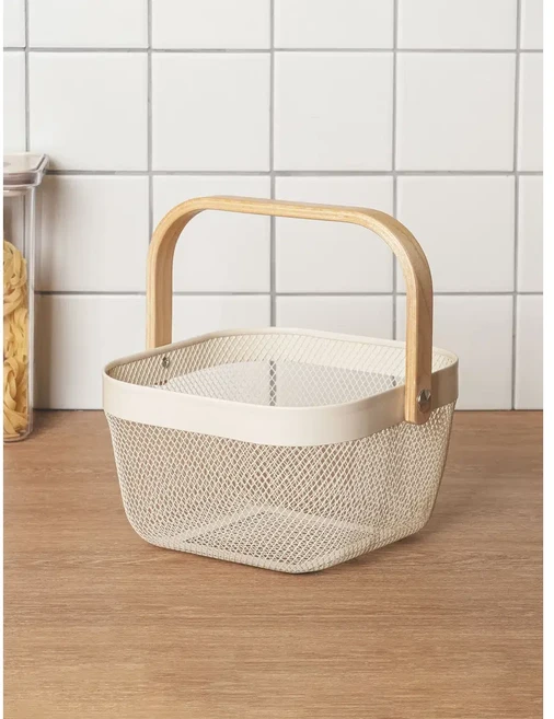 우드 핸들 철제 바스켓 2개, 화이트