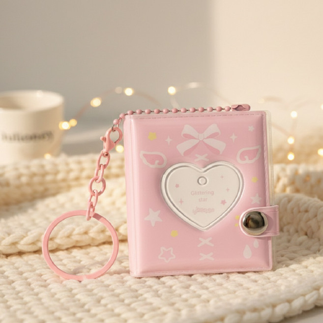 리브온 하트 키링 미니 다이어리 포토카드 수납 PVC 다이어리, 1개, 핑크