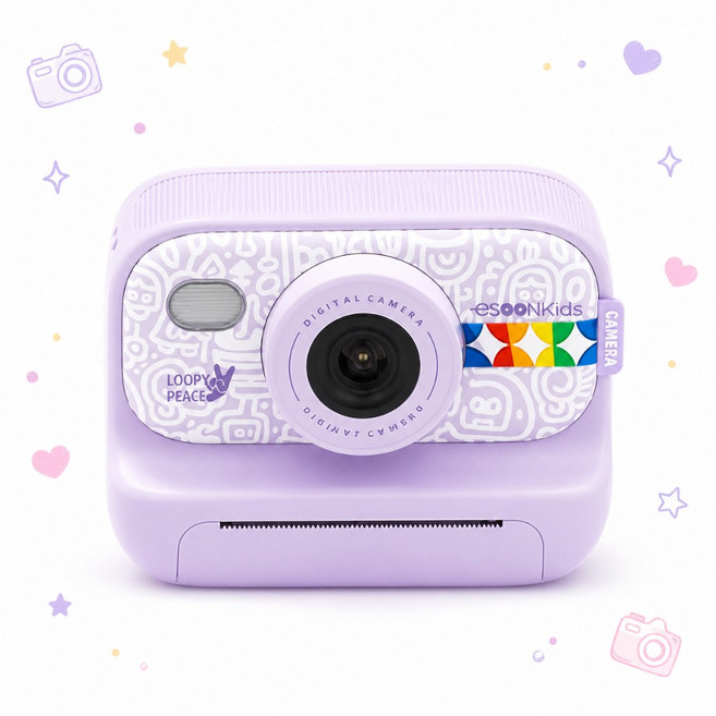 esoonKids Pro 兒童拍立得相機 4900萬畫素 即拍即印, 【現貨】夢幻紫 最新款(升級漫畫濾鏡),64G記憶卡+3卷熱感紙+3卷彩色貼紙, 1個, esoonKidsPro