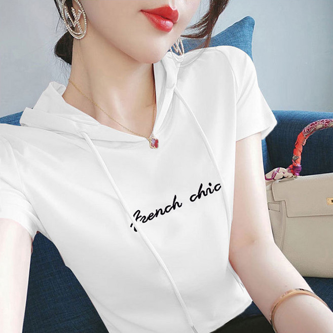 자칠 여성 여름 반팔 후드 티셔츠 루즈핏 캐주얼 스타일 패션 스타일리시