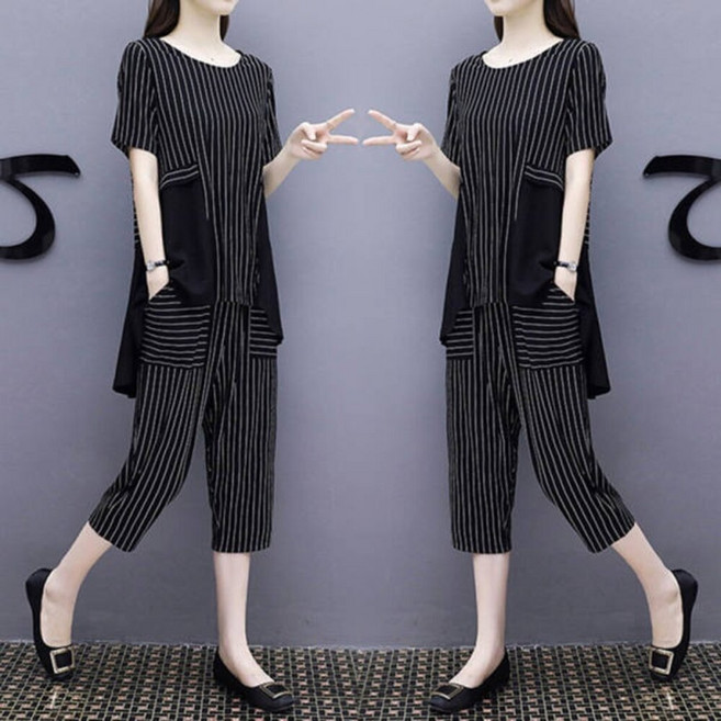 夏季運動休閒套裝女 透氣短袖+七分褲兩件套 長版上衣顯瘦穿搭 a0117