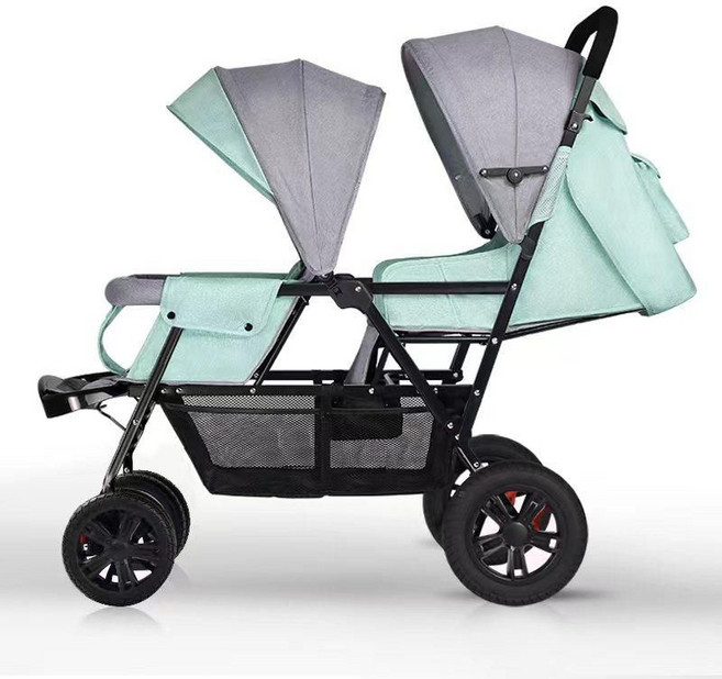 쌍둥이유모차 접이식 트윈 더블 양방향 이동 스토어 2인용 2인용유모차 2인용트라이크 쌍둥이 유모차, 민트 고무 6륜 기모 10cm
