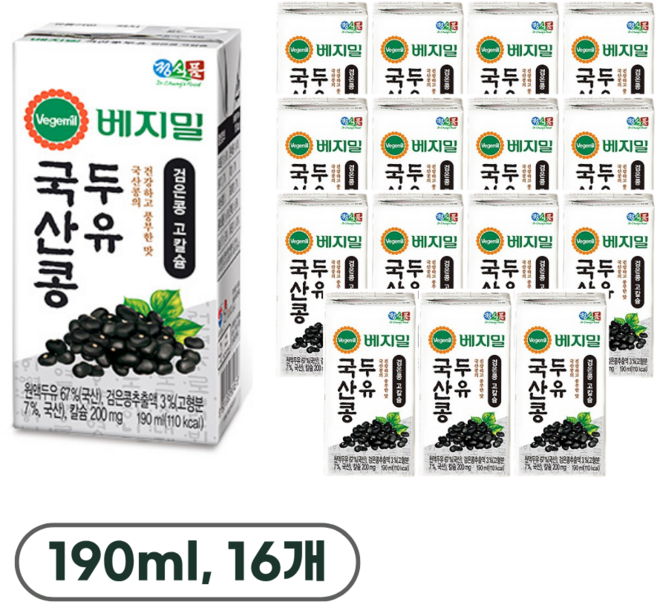 베지밀 국산콩 두유 검은콩 고칼슘, 190ml, 16개