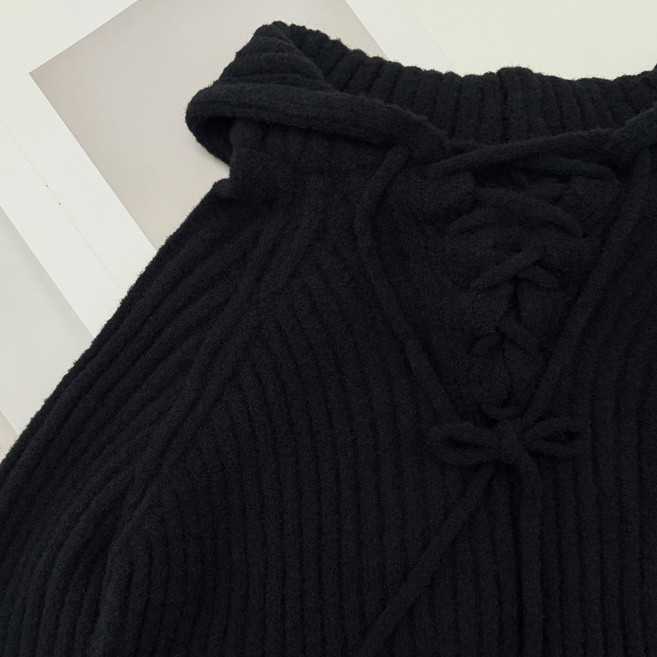 柔絨高彈連帽綁帶毛衣 長袖上衣女 條紋針織短版毛衣