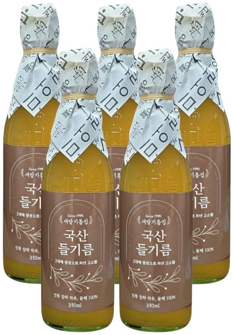 국산 100% 들기름 350ml 저온압착 통들깨, 5개