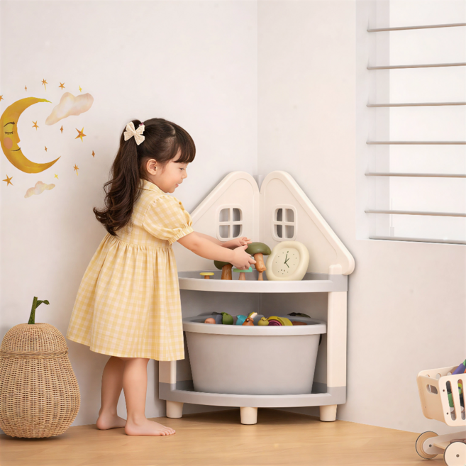 튼튼한 대용량 수납함 하우스 디자인 코너 수납장 분리형 바스켓 장난감 정리함, 1개, 2단 코너 수납장 화이트