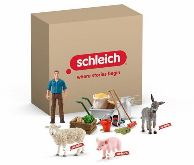 Schleich Farm World - 돼지 양 당나귀 피규어가 있는 19피스 동물 사료 놀이 세트 - 수레와 도구가 있는 농부 액션 피규어 - 상상력 넘치는 놀이를 위한, Animal Feeding Playset