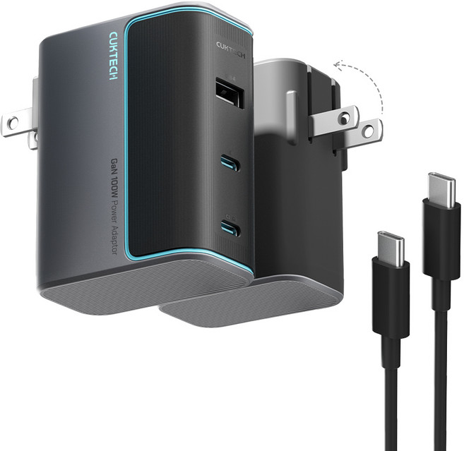 CUKTECH 氮化鎵 GaN 100W 快速充電器 多口USB充電頭 旅行折疊插頭 手機筆電通用, 灰色, 1個
