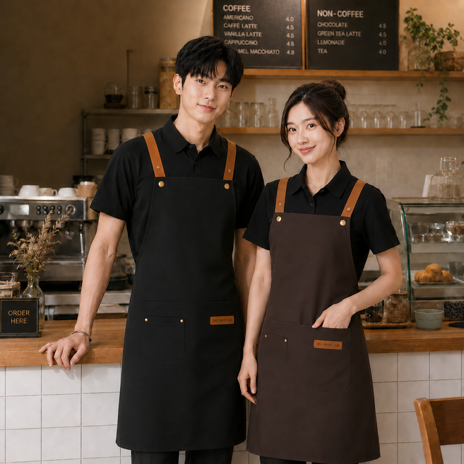 AKXSINKA 예쁜 업소용 앞치마 브라운 스트랩 포켓 카페 공방 주방 플라워샵 바리스타 남녀공용 4컬러, 1개, 블랙 / FREE