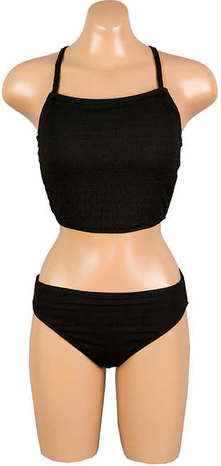 [비치팜]올리브 링클 코르셋 크롭 빅사이즈 비키니 수영복, 블랙