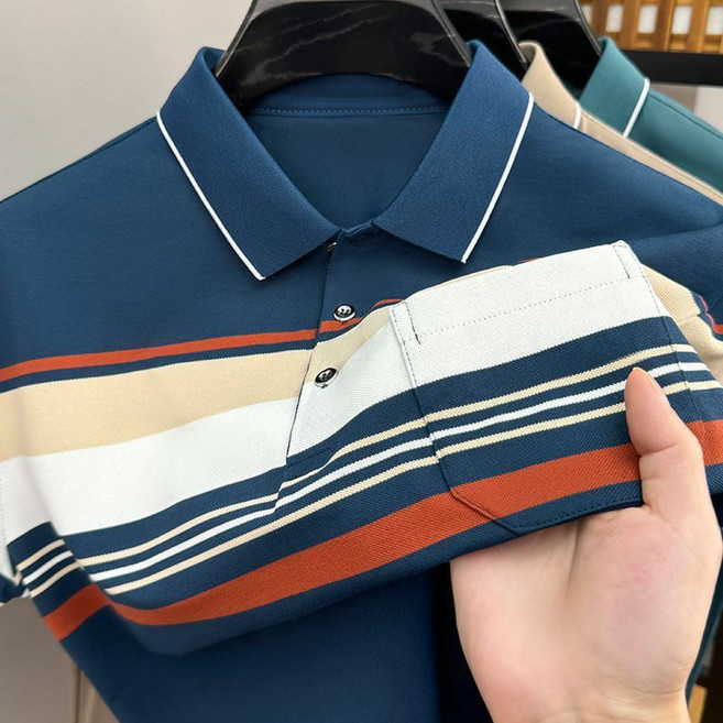 男士夏季商務休閒條紋短袖POLO衫