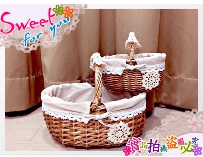 Sweet for you 鄉村風竹編蕾絲野餐籃，田園風格收納籃, 1個, 小花籃