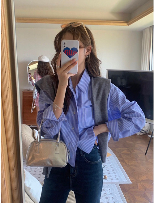 SML사이즈추가 여성 스트라이프 세미 크롭 셔츠 남방 블라우스 빅사이즈