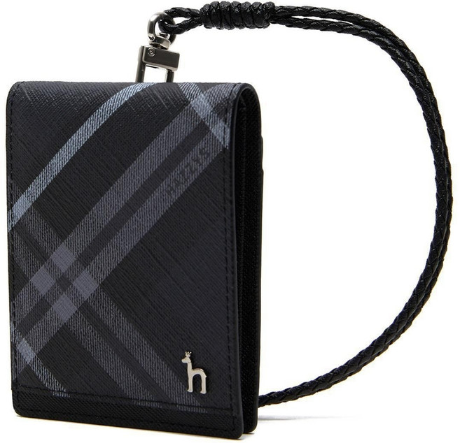 (백화점정품) 헤지스 액세서리 남성 블랙 체크 가죽 폴더형 목걸이 카드지갑