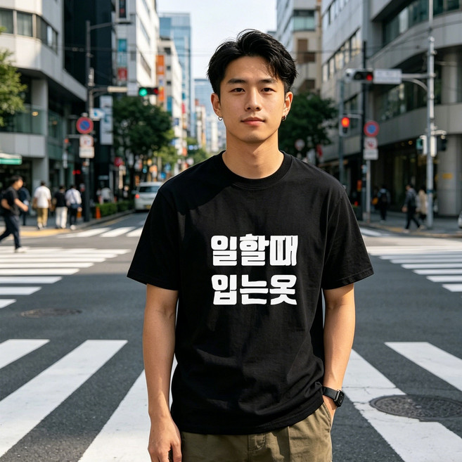 남성용 일할때 입는옷 프린트 티셔츠 / 캐주얼 반팔 티 / 데일리룩 / 오버사이즈 / 작업복 티 / 블랙 티셔츠 / 커플 티 / 여름 티셔츠
