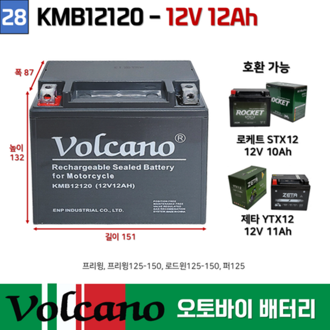 28번 KMB12120/(12V12AH)오토바이밧데리 / 바이크 / 볼케이노 오토바이 배터리 부림소방, 1개