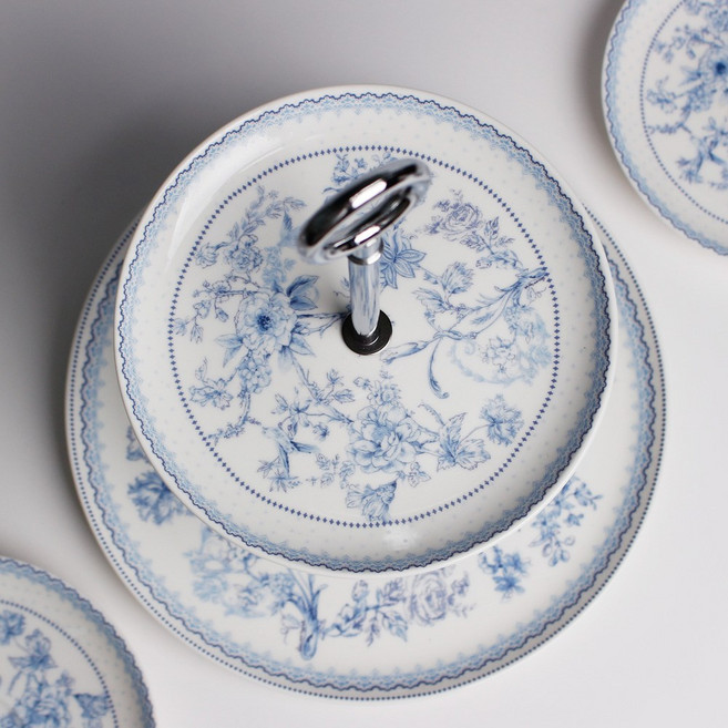 로얄 도자기 2단 케이크 스탠드+선물케이스, 로얄 블루, 1개