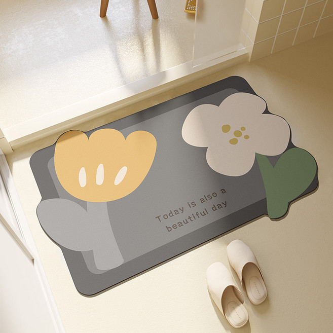 꽃송이욕실앞 발매트규조토 욕실매트욕실앞 발매트 미끄럼방지, 그레이 플라워, 1개