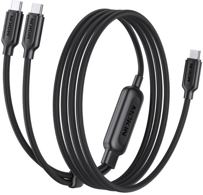 數據線 MOKiN 2合1 USB-C 140W 智能分配快充線 雙頭同充 耐用編織線身 手機快充線 高速傳輸充電線, 黑, 1個, 125cm