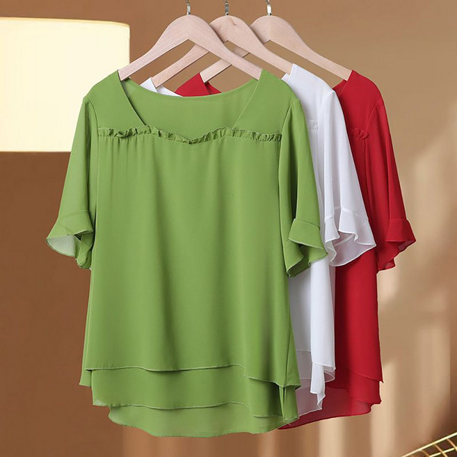 ROYALBELLE 여성 프릴 라운드넥 반팔 빅사이즈 데일리 루즈핏 쉬폰 블라우스 K0030928