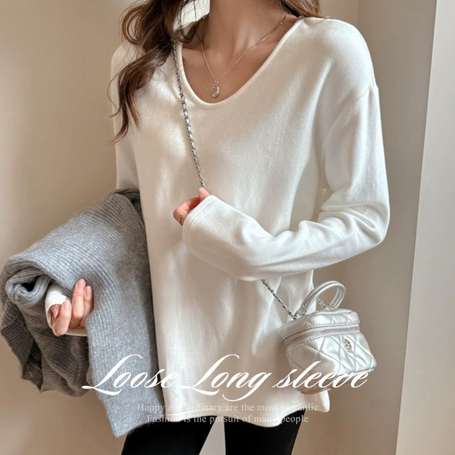 [순이] C.기모 후들 롱 브이넥 박스 티셔츠