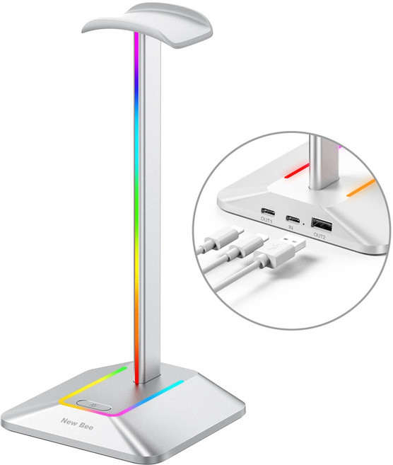 New Bee 耳機架 雙輸出 電競頭戴式耳機展示架 HUB擴充支架 炫彩防滑 桌面USB擴充, RGB極光銀, 1個